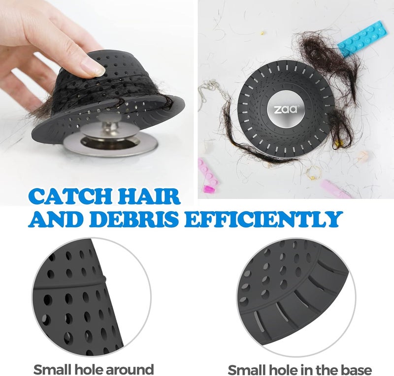 zaa Bathtub Drain Hair Catcher, Premium Silicone Collapsible 2 Pack Drain Protector for Pop-Up & Regular Drains of Shower, Bathtub, Tub, Bathroom, Sink, Black Black - Image 4